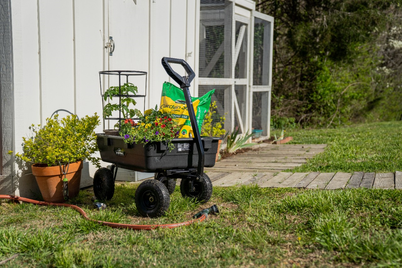 Image of a garden cart with soil and plants inside, next to a garden hose.