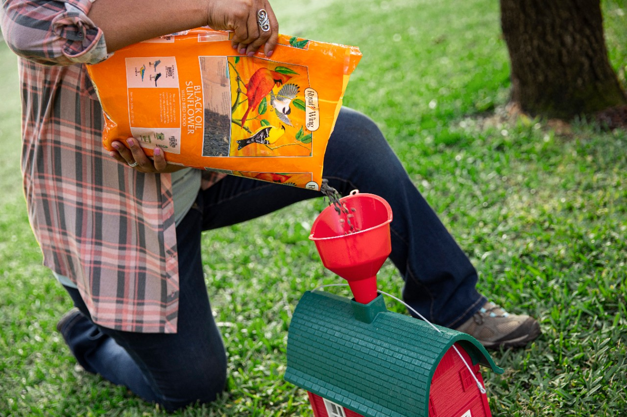 Image of someone pouring wild bird seed into a bird feeder.