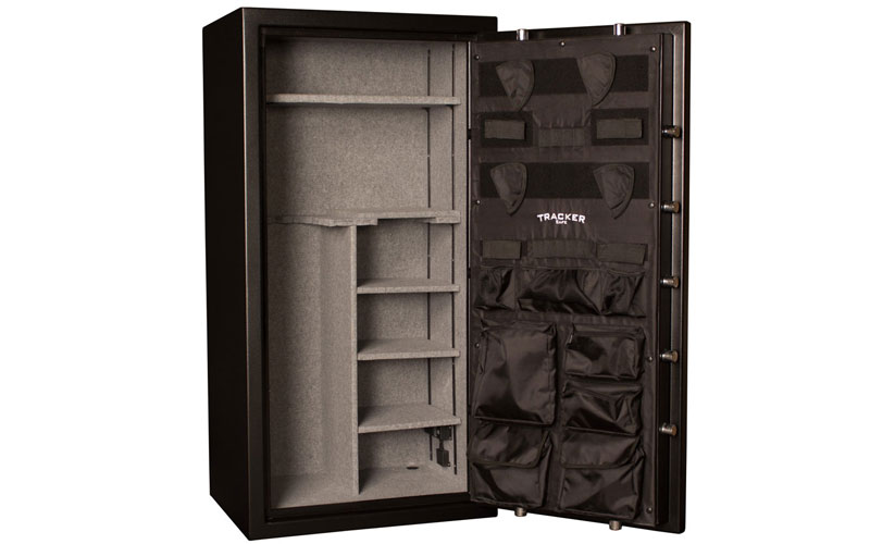 Black gun safe with interior gray lining, shelving and black door pouches