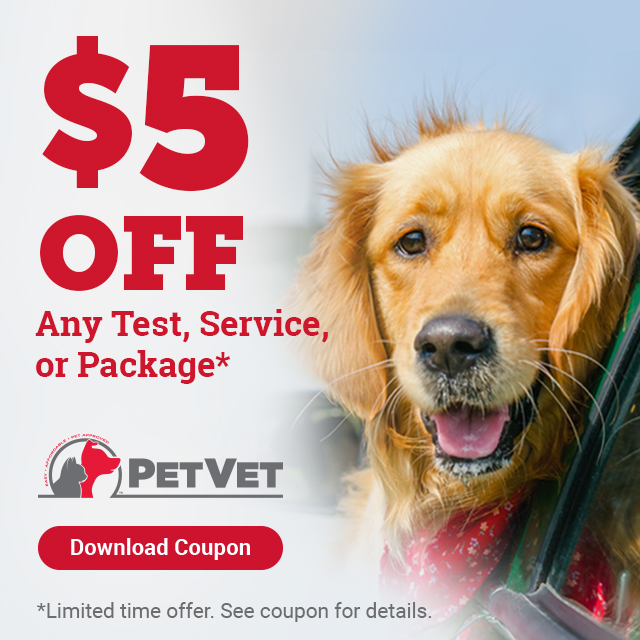 $5 Off Any Test, Service or Package* PetVet. Download Coupon (PDF). *Limited time offer. See coupon for details.